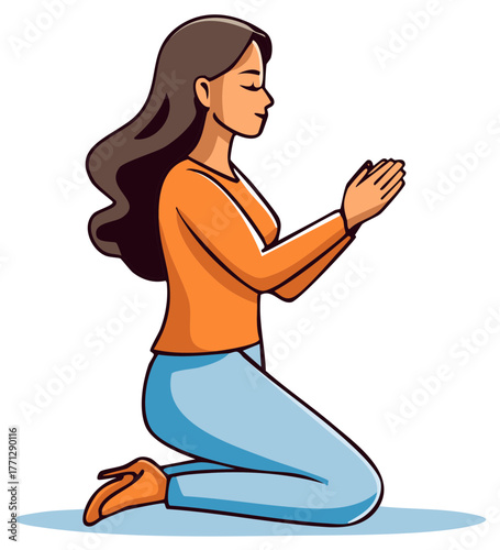 Illustration of a woman kneeling in prayer with hands clasped in devotion
