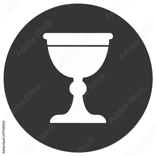 Stylized white chalice icon within a dark gray circle symbol