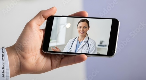 Hand holding smartphone displaying a smiling female doctor during a virtual telemedicine consultation.