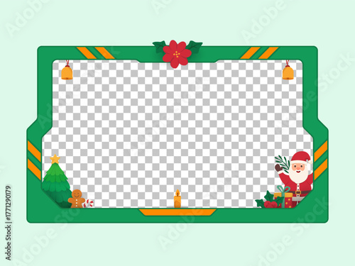 Modern Green Christmas Frame with Santa Claus, Christmas Tree, Gifts, Jingle Bells, Gingerbread Man, Candy Cane, Holly Berries, and Decorative Ornaments for Festive Holiday Design