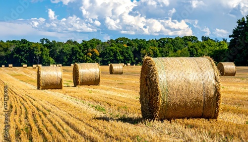 Hay bales scattered across golden stubble fields under a bright blue sky with scattered clouds and distant green trees