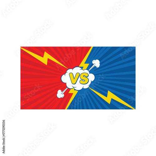 Illustration of versus battle background, red and blue comic design with lightning bolt