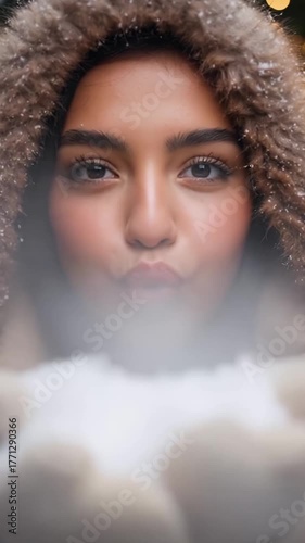 Winter magic: young hispanic female blowing snowflakes for holiday season
