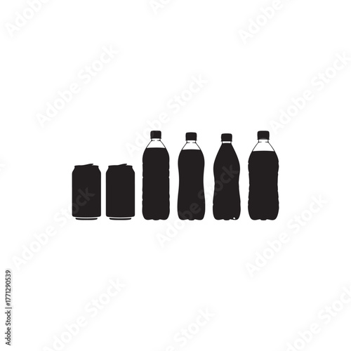 Illustration of silhouette of various soda cans and bottles, perfect for minimalist design