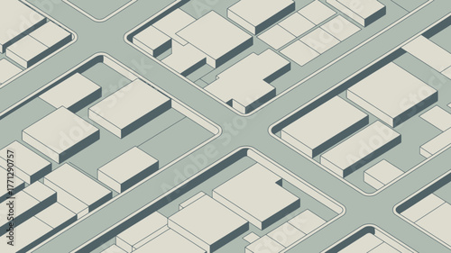 Isometric view of a stylized city block with abstract buildings and roads