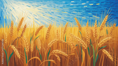 Golden wheat field under a bright blue sky with sun rays