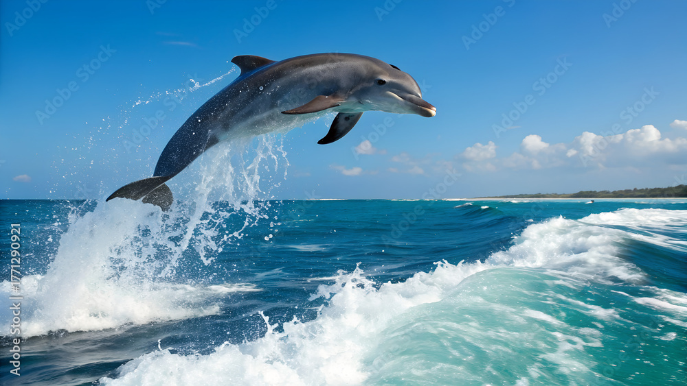 Fototapeta premium Bottlenose Dolphin Leaping Over Ocean Waves on a Sunny Day