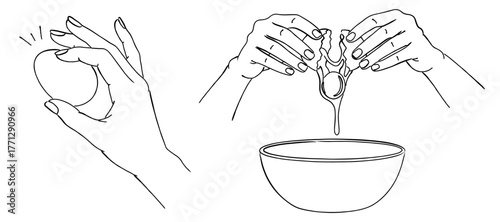 卵を割ってボウルに入れる手の線画イラスト,料理,調理,キッチン,ベーキング,ベクター