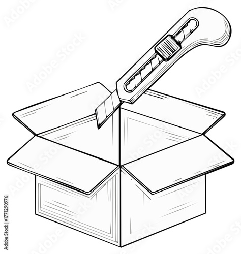 Utility knife opening a cardboard box with sketch style