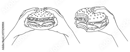 ハンバーガーを両手で持って食べる（かじる）手の線画イラストセット,ファストフード,食事,グルメ,ベクター