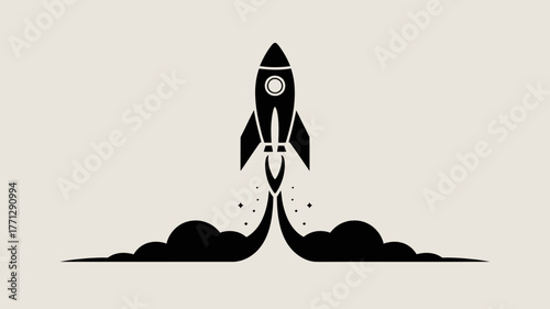 Black rocket launching with smoke and stars on a light background