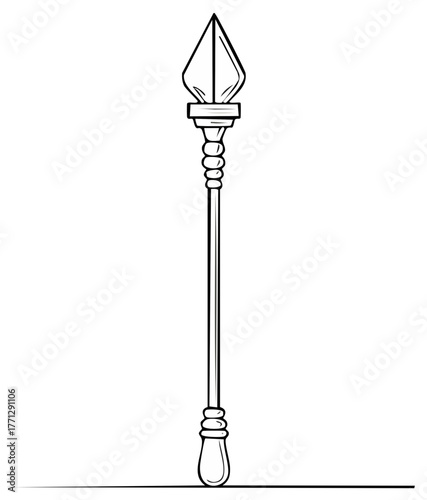 Black and white spear illustration, with a sharp arrowhead and decorative handle