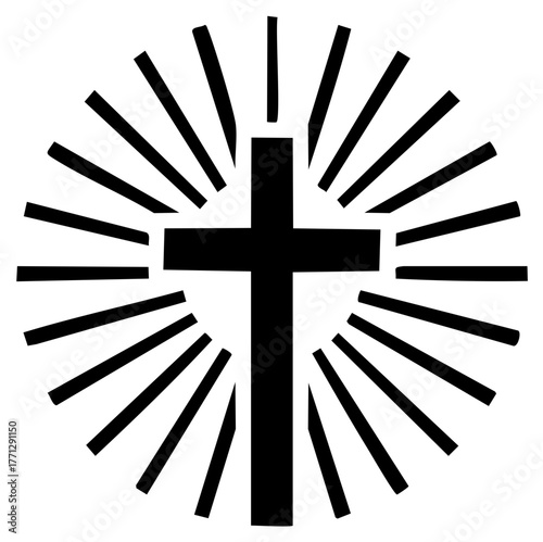Christian cross with radiant sunburst in black and white monochrome design evoking faith and hope