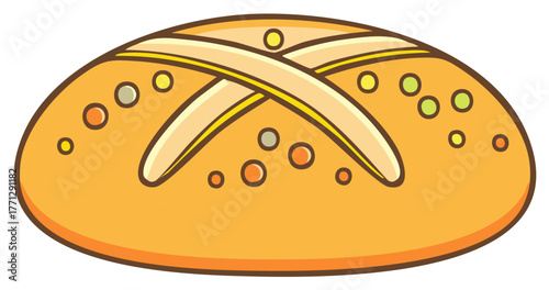 Cartoon loaf of bread with cross pattern and colorful dots