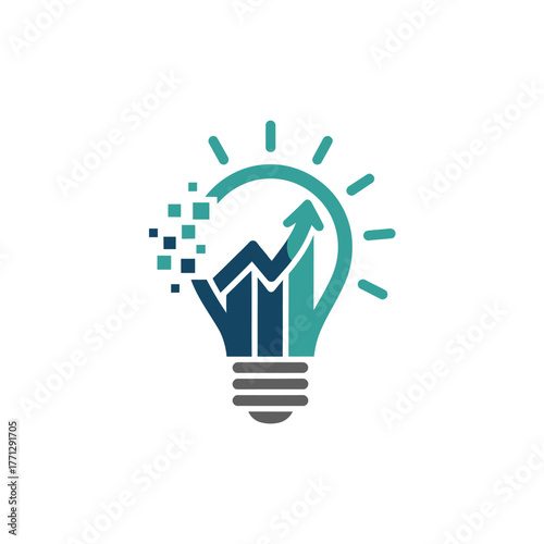 Lightbulb idea with upward trend and digital pixels