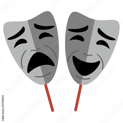Two theatrical masks, one portraying sadness and the other happiness. Concept of drama, comedy, and performing art for theater design.