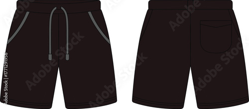Black shorts front and back view, casual drawstring waistband, side pockets, back flap pocket, athletic wear, fashion mockup illustration