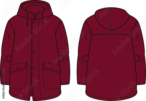 Burgundy hooded coat, front and back view, technical flat sketch, fashion design, outerwear illustration, garment template, apparel mockup, stylish