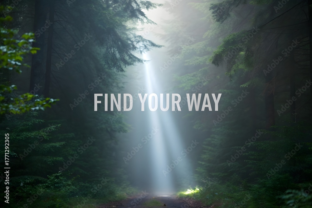 Obraz premium Sunlight beam piercing through misty forest creating a path