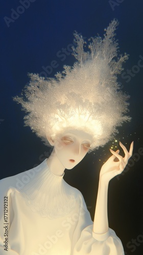 Ethereal fantasy portrait of a luminous figure with glowing tree-like hair and delicate golden light in hand, symbolizing nature, enlightenment, and surreal beauty in elegant digital illustration