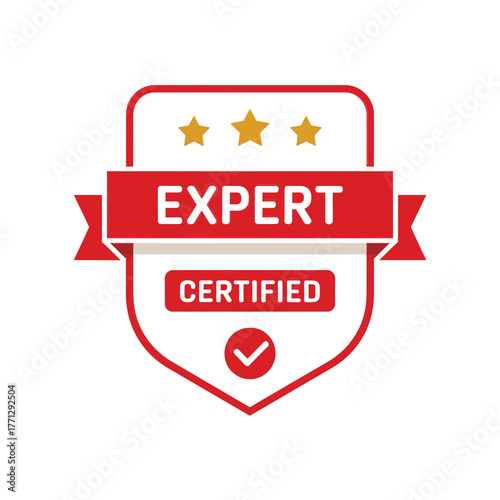 Red and white expert certified badge with stars and checkmark
