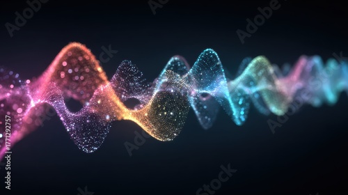 Abstract colorful wave formed from glowing dots on a dark background. Perfect for science, technology, data, or sound wave visualizations.