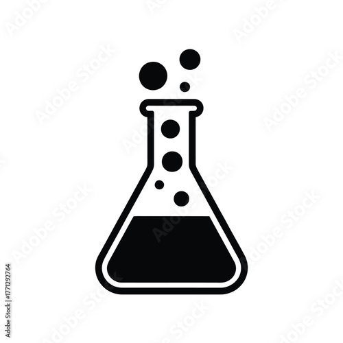 Black and white icon of a bubbling erlenmeyer flask