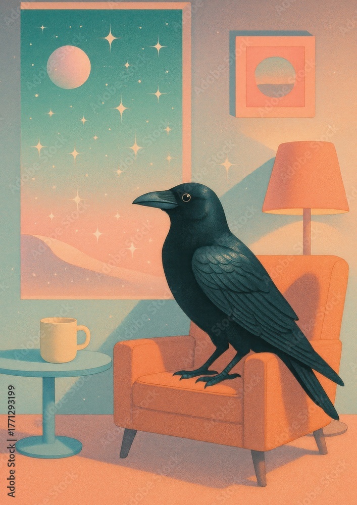 Fototapeta premium Surreal raven in dreamscape room.