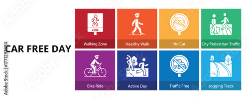 Car Free Day Glyph Solid Banner Web Icon Set Vector Illustration