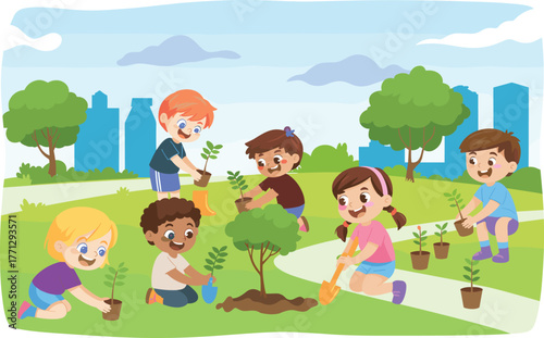 Children planting trees in urban park, teamwork, environmental awareness, nature conservation, happy kids, green city, outdoor activity, eco-friendly lifestyle, education