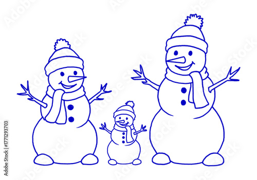 Illustration of hand drawn family of snowmen isolated on transparent background