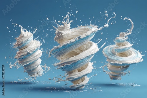 Three white creamy swirls splash against a light blue studio background. It could represent a refreshing dairy product, or creative abstract art.