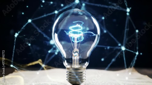 Ancient leather-bound book glows in cosmic void. Vintage glass bulb ascends, illuminating with electric blue light as digital plexus expands. Ethereal, abstract knowledge concept