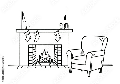 Illustration of hand drawn fireplace with armchair isolated on transparent background