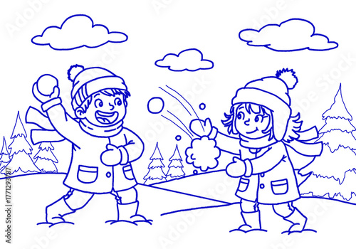 Illustration of hand drawn children playing snowball fight isolated on transparent background