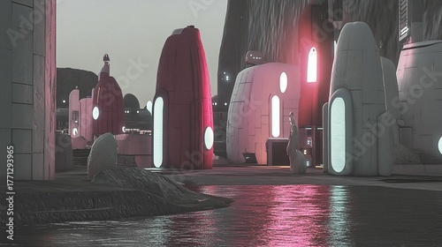 Otherworldly architecture shimmering on a quiet alien planet surface during twilight hours, a