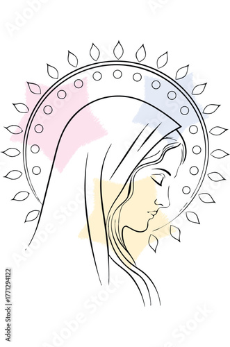 Line art depiction a woman in profile with a halo leaves circles silhouette single line