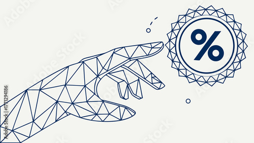 Geometric hand reaching towards discount percentage icon, symbolizing offers and savings. design is modern and abstract