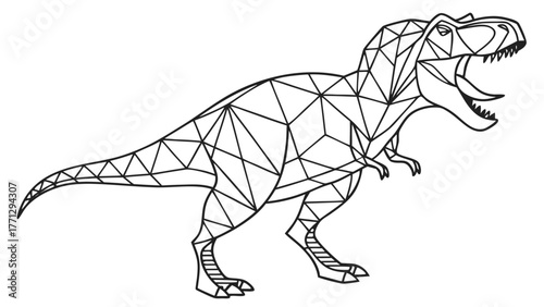Geometric illustration of roaring dinosaur, featuring stylized representation of tyrannosaurus rex with triangular shapes
