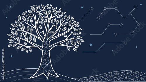 Abstract digital tech tree low poly wireframe style, showcasing blend of nature and technology, evokes sense of innovation