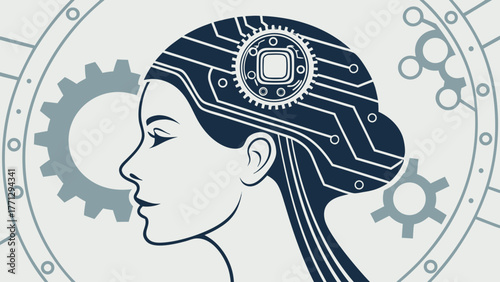 Abstract digital woman cyborg face side view with intricate circuit design and gears, representing AI technology
