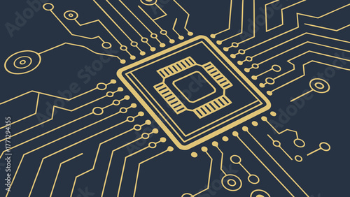 Abstract electronics technology background with golden circuit patterns evokes sense of innovation and connectivity