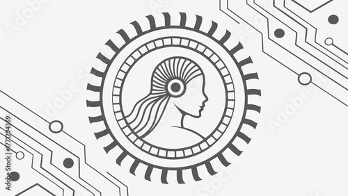 Stylized profile of woman with flowing hair, surrounded by circular design and geometric patterns, representing technology
