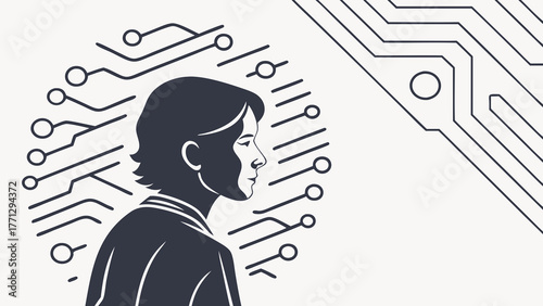Thoughtful individual surrounded by abstract circuit patterns, symbolizing technology and innovation
