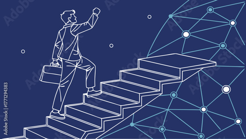 Person climbing stairs symbolizes career advancement and growth in digital world. image conveys determination and progress
