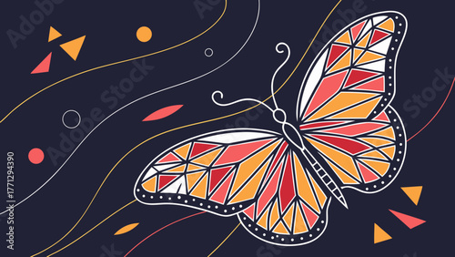 Abstract butterfly design with geometric shapes and vibrant colors creates captivating visual experience