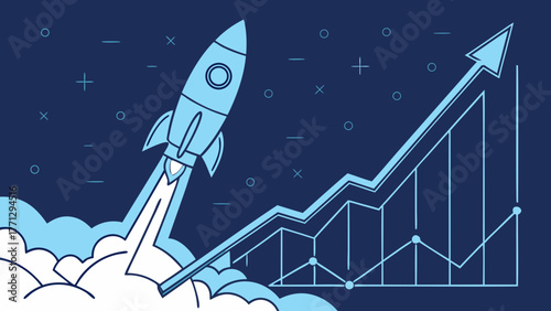 Abstract growth graph chart with launch rocket on blue background symbolizes progress and innovation in business