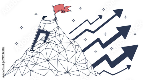 Abstract growth concept representing achievement and success with person on mountain holding flag, symbolizing ambition