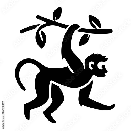 Dynamic Swinging Monkey Silhouette on Curved Branch Illustration
