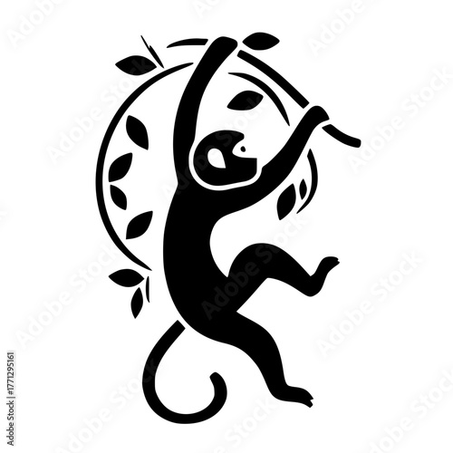 Monkey Hanging from Twisting Vine Silhouette Vector